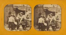 Men and boys at a table, one man holding a gun, 1855-1860. Creator: Unknown