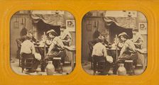 Men and boys at a table, one man holding a gun, 1855-1860. Creator: Unknown