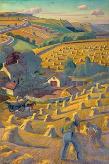 Men build haystacks amid a pastoral landscape, between 1939 and 1946. Creators: Central Office of Information, Adrian Paul Allinson