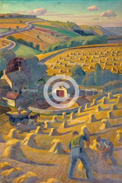 Men build haystacks amid a pastoral landscape, between 1939 and 1946. Creators: Central Office of Information, Adrian Paul Allinson.