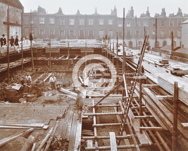 Men building the Camden Town Sub-Station, London, 1908. Artist: Unknown.
