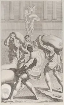 Men bringing bags of lead into Saint Benedict's monastery, 1687-1717. Creator: Giacomo-Maria Giovannini