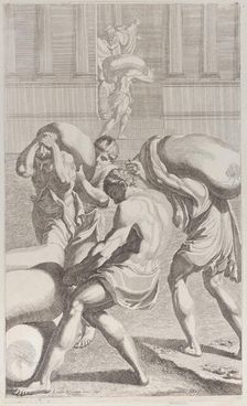 Men bringing bags of lead into Saint Benedict's monastery, 1687-1717. Creator: Giacomo-Maria Giovannini
