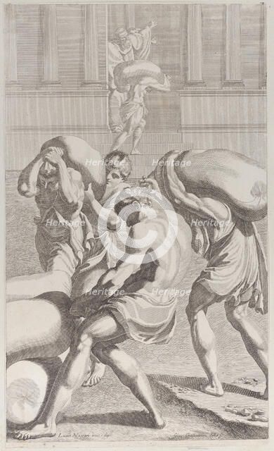 Men bringing bags of lead into Saint Benedict's monastery, 1687-1717. Creator: Giacomo-Maria Giovannini.