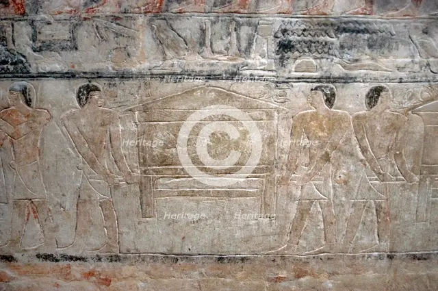 Men carrying a chest relief,  Mastaba of Mereruka, Saqqara, Egypt, Old Kingdom, 2340 BC (2003). Creator: Unknown.