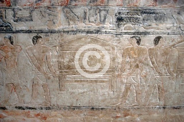 Men carrying a chest relief,  Mastaba of Mereruka, Saqqara, Egypt, Old Kingdom, 2340 BC (2003). Creator: Unknown.