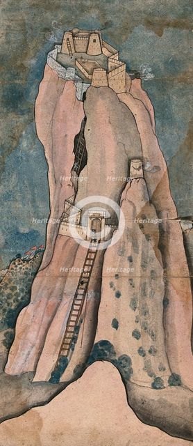 Men climbing a large cliff to reach the fortress on top, (between 1800 and 1899?). Creator: Unknown.