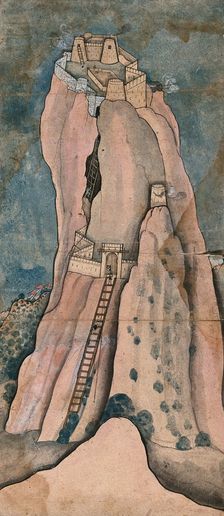 Men climbing a large cliff to reach the fortress on top, (between 1800 and 1899?). Creator: Unknown