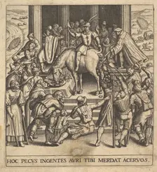 Men collecting dung dropping from the hindquarters of a mule, with a rider sitting ba..., 1592-1614. Creator: Johann Theodor de Bry