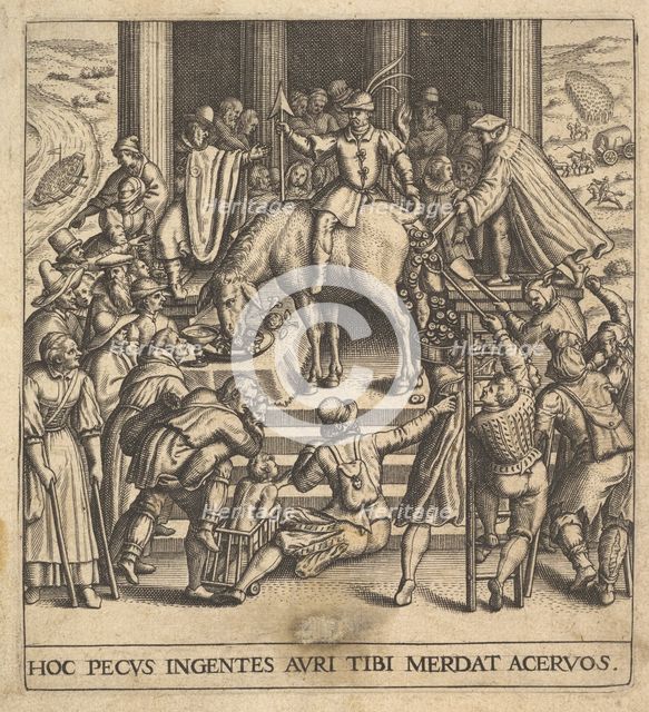 Men collecting dung dropping from the hindquarters of a mule, with a rider sitting ba..., 1592-1614. Creator: Johann Theodor de Bry.