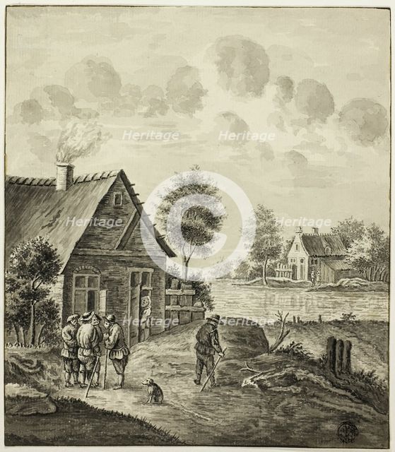Men Conversing Outside House Beside Canal, after 1758. Creator: Unknown.