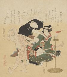 Men dancing to samisen music, from the series Shokoku meibutsu (Famous products..., 1890-1895. Creator: Totoya Hokkei