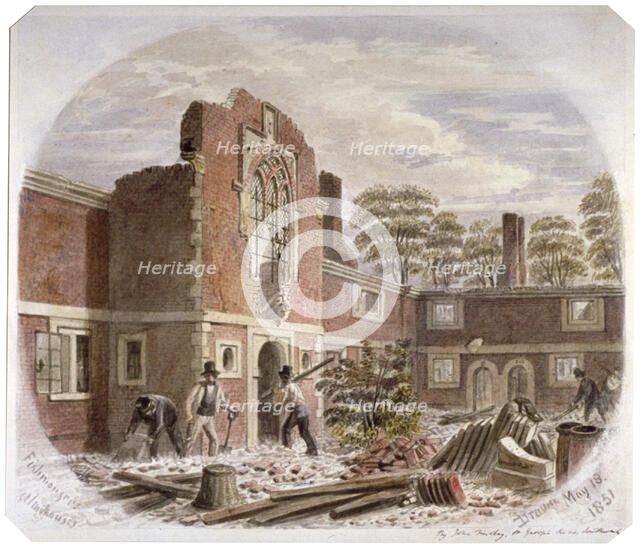 Men demolishing St Peter's Hospital, Southwark, London, 1851. Artist: James Findlay