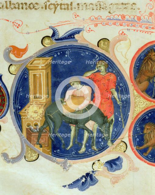 Men drinking from a fountain, Miniature from the 'Bible of Charles V of Valois', illuminated manu…