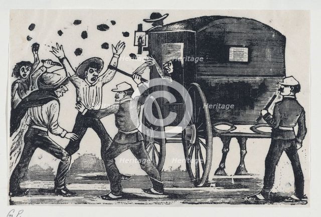 Men fighting near a horse and carriage, ca. 1900-1910., ca. 1900-1910. Creator: José Guadalupe Posada.