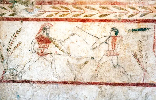 Men fighting with spears, Paestum, c4th century BC. Artist: Unknown.