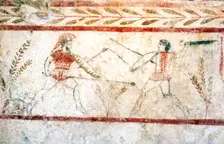 Men fighting with spears, Paestum, c4th century BC