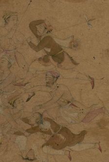 Men fleeing from an elephant, early 11th century AH/AD 17th century. Creator: Unknown