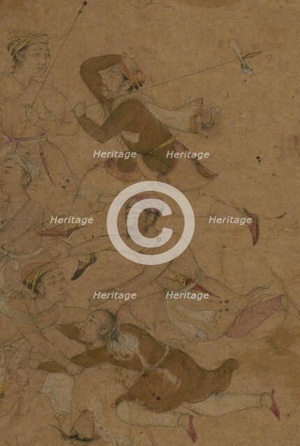 Men fleeing from an elephant, early 11th century AH/AD 17th century.  Creator: Unknown.