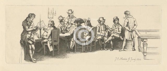 Men in a coffee house with a Billiard room, 1814. Artist: Marcus, Jacob Ernst (1774-1826)