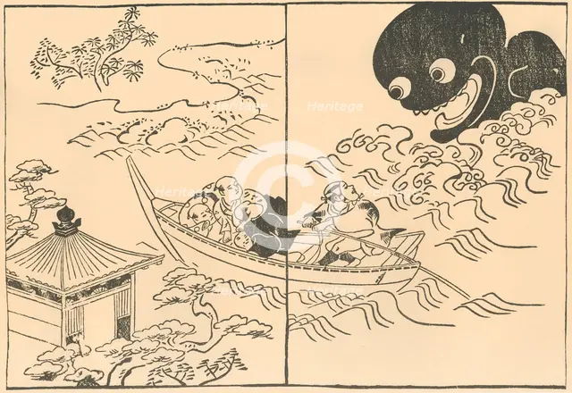 Men in a boat threatened by a sea monster, early-mid 18th century, (1924). Creator: Okumura Masanobu.