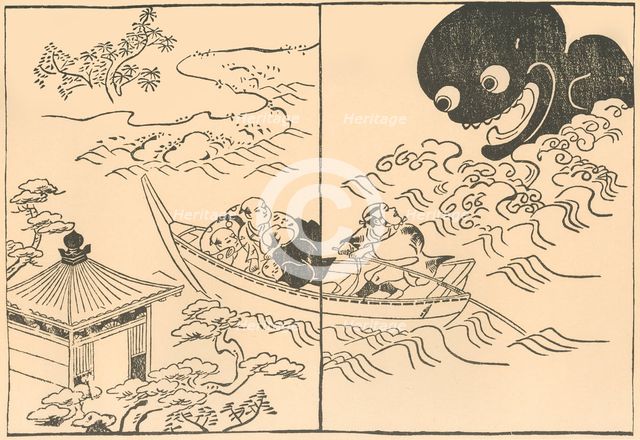 Men in a boat threatened by a sea monster, early-mid 18th century, (1924). Creator: Okumura Masanobu.