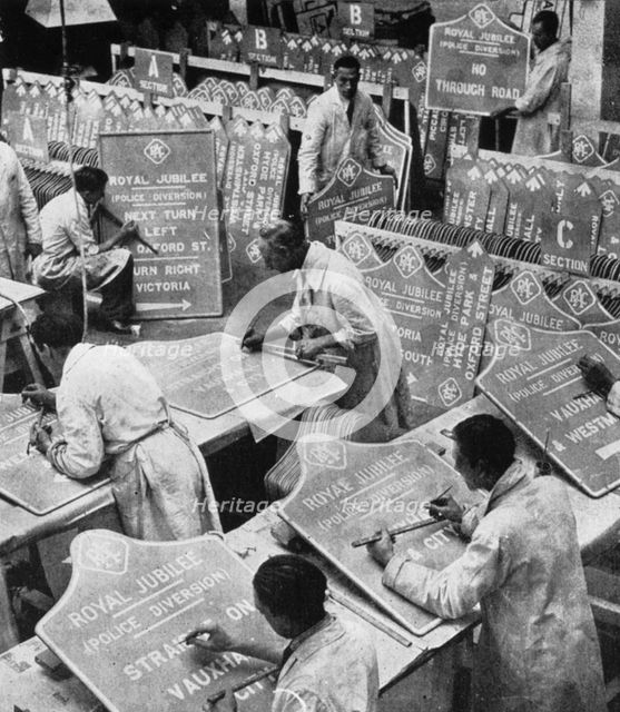 Men in the RAC Highways Department preparing traffic signs, 1935. Artist: Unknown