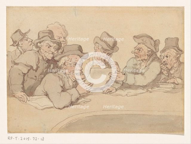 Men look around a table a print or drawing, c.1775-c.1825. Creator: Anon.