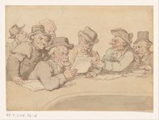 Men look around a table a print or drawing, c.1775-c.1825. Creator: Anon