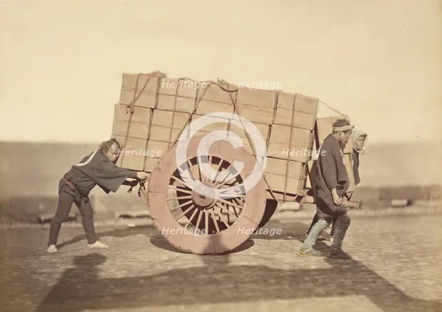 Men pushing a Wagon, about 1868. Creator: Felice Beato.