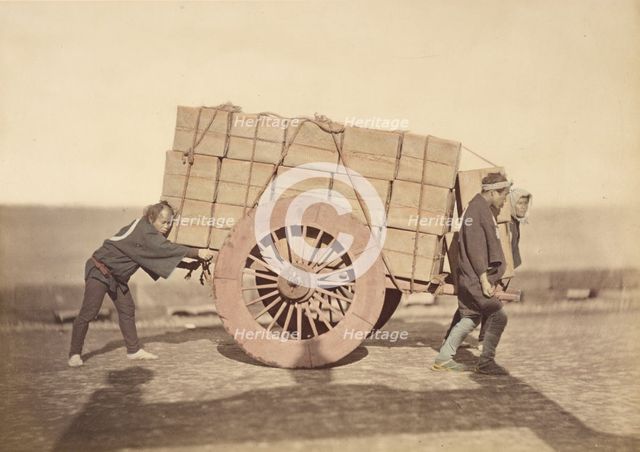 Men pushing a Wagon, about 1868. Creator: Felice Beato.