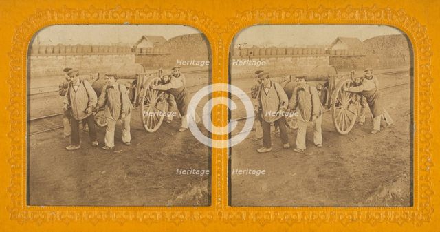 Men pushing and pulling a wagon, 1855-1860. Creator: Unknown.