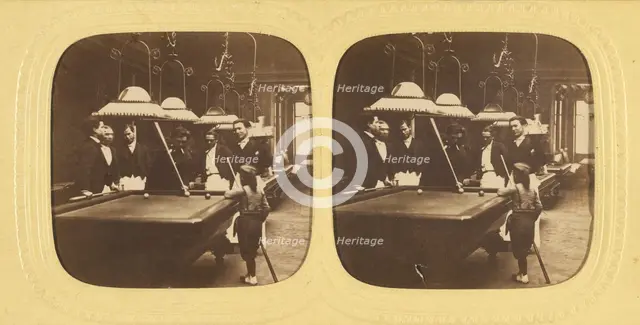 Men playing billards, one little boy holding a cue stick, about 1868. Creator: E Lamy.
