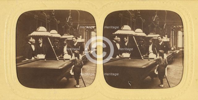 Men playing billards, one little boy holding a cue stick, about 1868. Creator: E Lamy.
