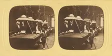 Men playing billards, one little boy holding a cue stick, about 1868. Creator: E Lamy