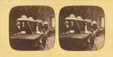 Men playing billards, one little boy holding a cue stick, about 1868. Creator: E Lamy