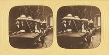 Men playing billards, one little boy holding a cue stick, about 1868. Creator: E Lamy