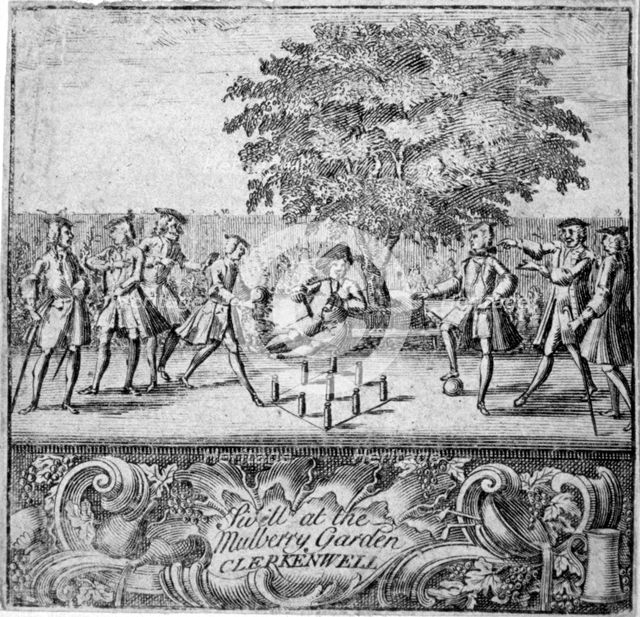 Men playing swill at Mulberry Garden, Clerkenwell, London, c1750. Artist: Anon