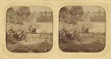 Men posed on rocks, another man posed by carriage, about 1865. Creator: Unknown