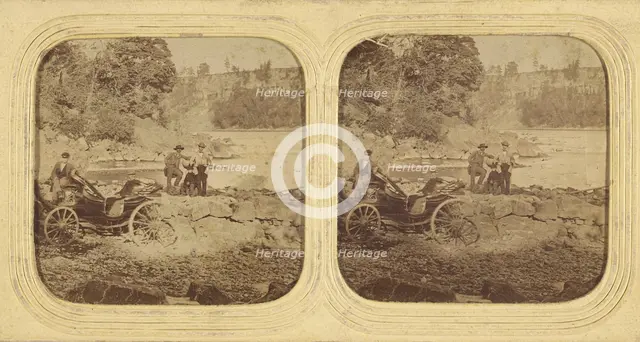 Men posed on rocks, another man posed by carriage, about 1865. Creator: Unknown.