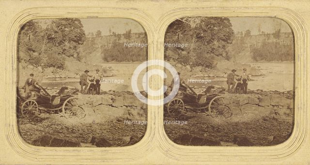Men posed on rocks, another man posed by carriage, about 1865. Creator: Unknown.