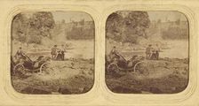 Men posed on rocks, another man posed by carriage, about 1865. Creator: Unknown