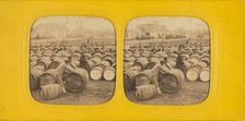 Men rolling a barrel in a field of barrels, 1860s. Creator: E Lamy