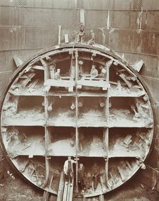 Men standing in the cutting shield, Rotherhithe Tunnel, Stepney, London, August 1907