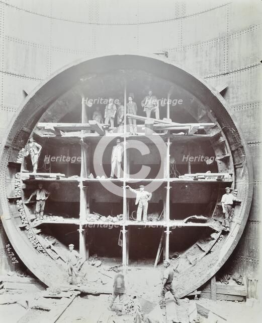Men standing in the shield used to cut Rotherhithe Tunnel, Bermondsey, London, July 1907. Artist: Unknown.