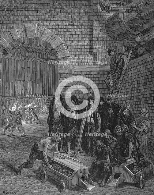 Men taking a break from charging the retorts, Lambeth Gasworks, 1872. Artist: Unknown