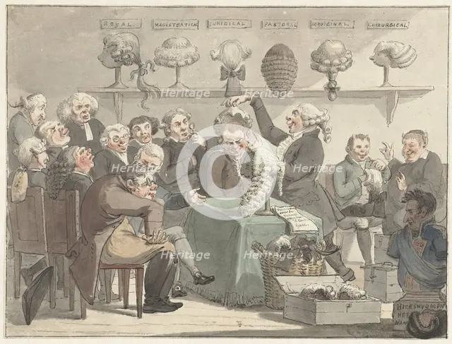 Men trying on wigs, 1800-1805.  Creator: Jacob Smies.