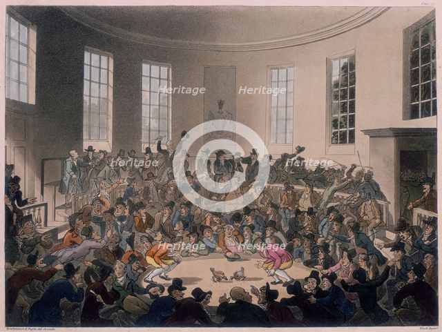 Men watching a cockfight, late 18th-early 19th century. Creators: Thomas Rowlandson, Augustus Charles Pugin.