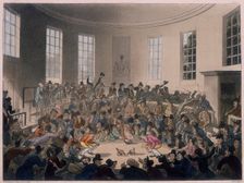 Men watching a cockfight, late 18th-early 19th century. Creators: Thomas Rowlandson, Augustus Charles Pugin