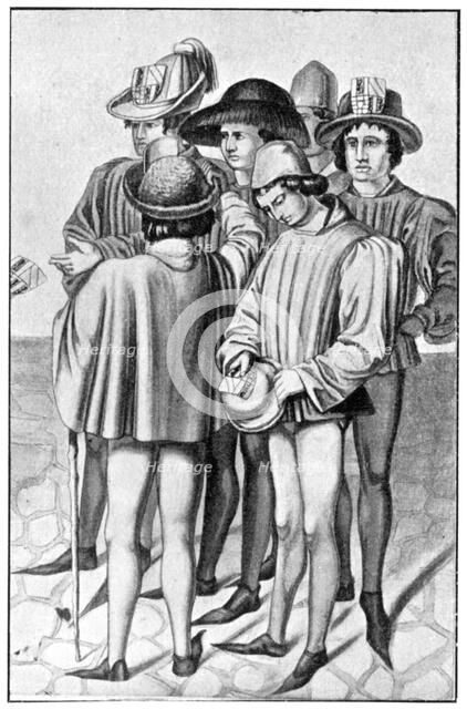 Men wearing favours in their hats, 15th century, (1910). Artist: Unknown